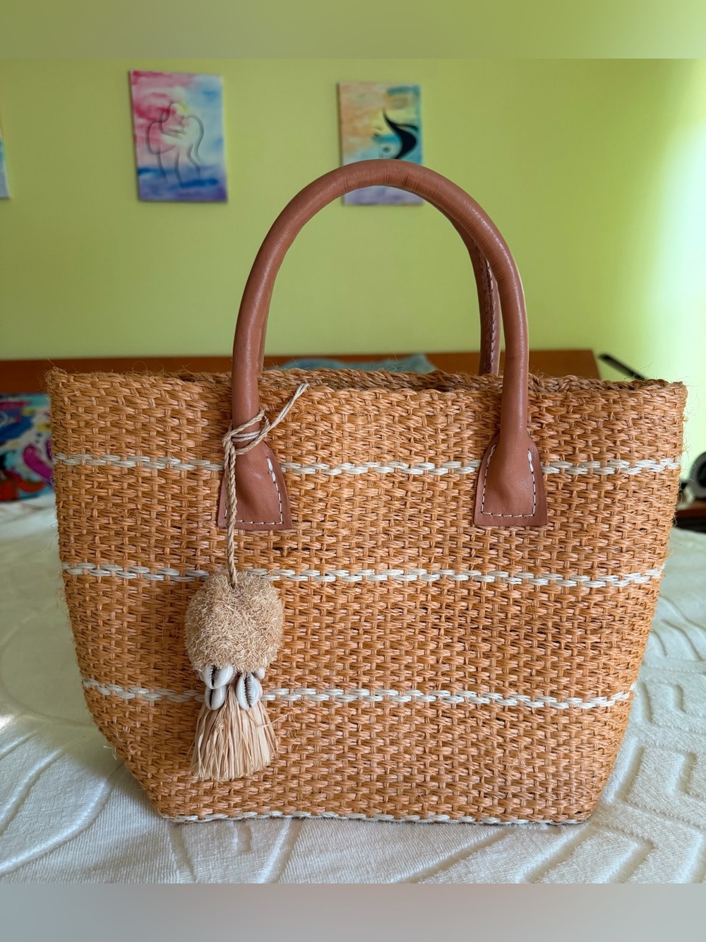 Hat Attack Small Tuscan Tote - Woven Raffia Straw Striped Bag with Cowrie Shell